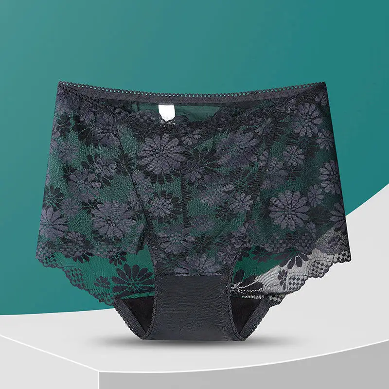 Plus Size High Waist Lace Trim Breathable Panty