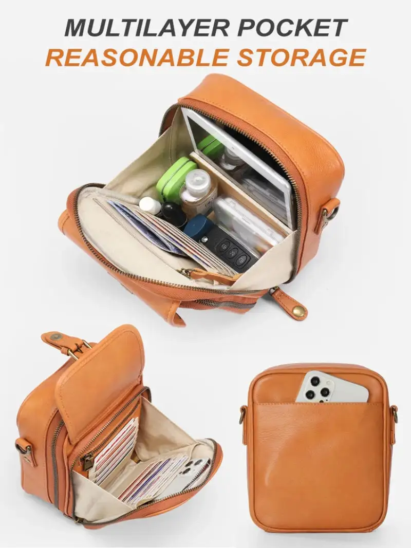 Vintage Tan Leather Crossbody Phone Bag