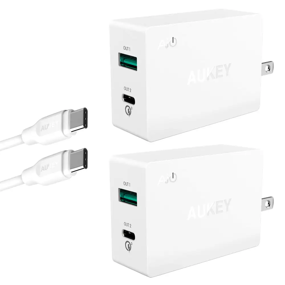 AUKEY 27W Dual-Port Wall Charger with QC 3.0 USB-C (2 Pack)