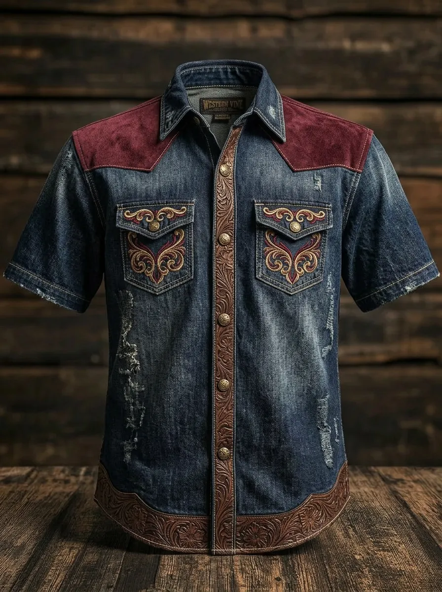 Men's Western Cowboy Embroidered Distressed Denim Printed Shirt
