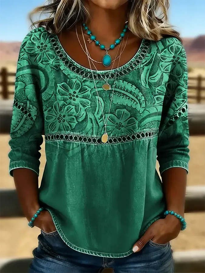 Retro Floral Print Casual Hollow Denim Shirt