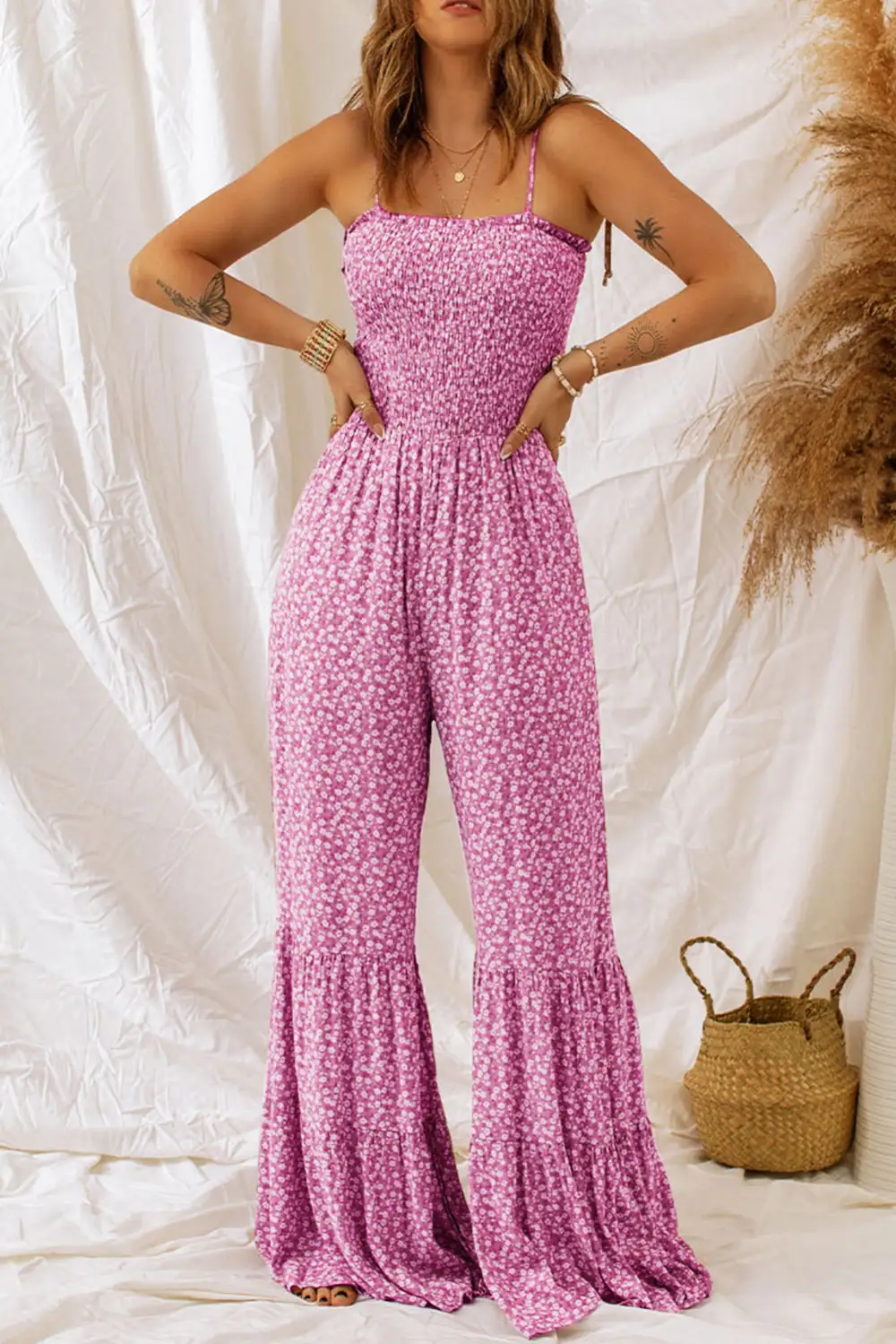 Relaxed Thin Straps Smocked Bodice Wide Leg Floral Jumpsuit