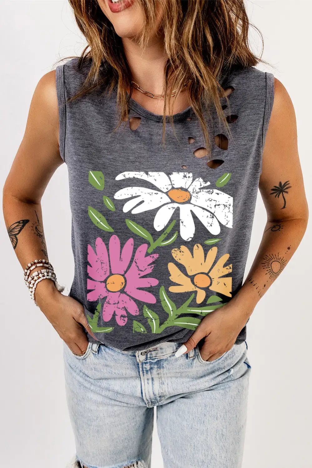 Floral Printed Ripped Crewneck Tank Top