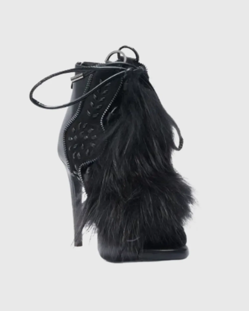 Faux Fur Lace Up Sandals in All Black