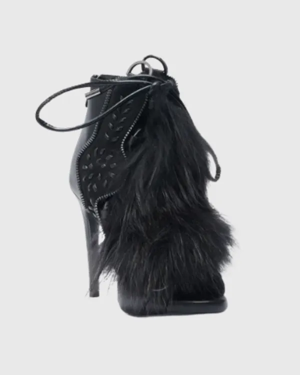 Faux Fur Lace Up Sandals in All Black