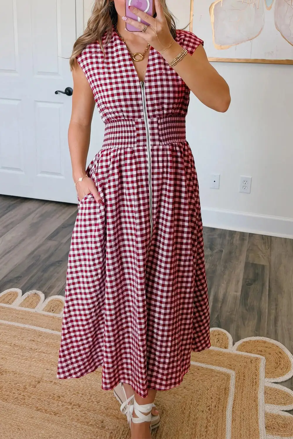 Plaid Zip Front Midi Dress