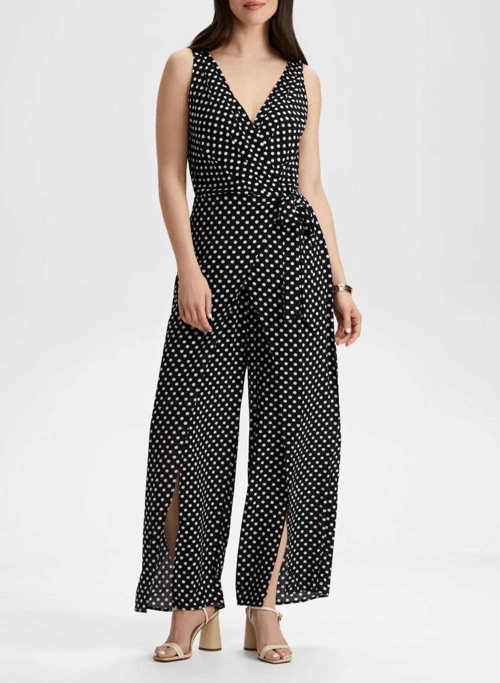 V-Neck Polka Dot Wide-Leg Jumpsuit