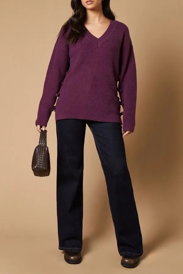 Casual Style Bow Side V Neck Sweaters