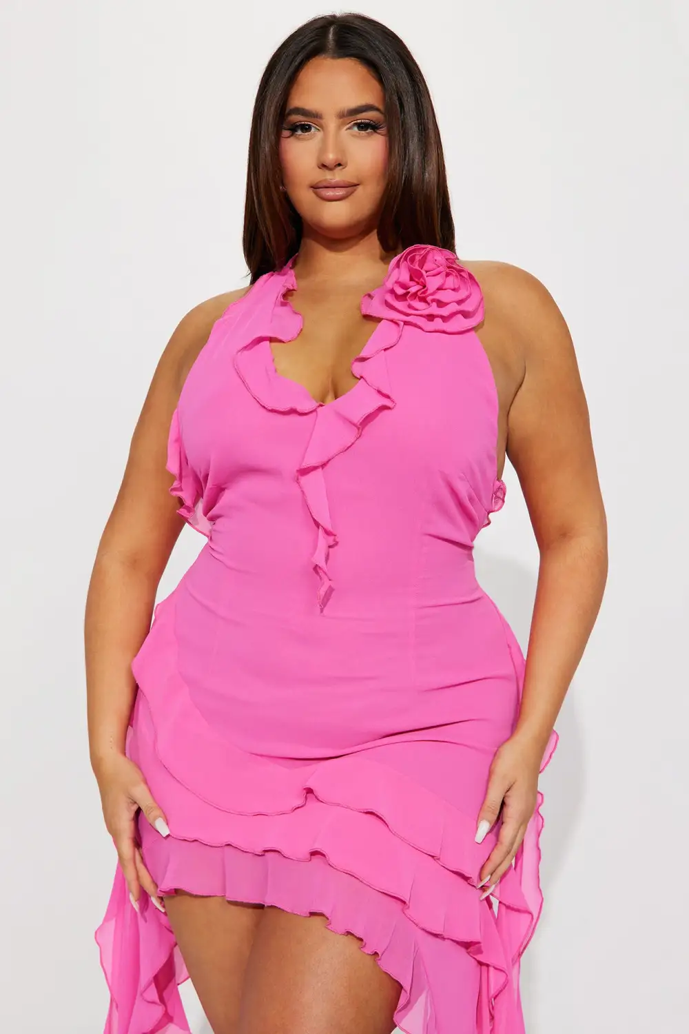 Ruffles and Roses Midi Dress - Neon Pink