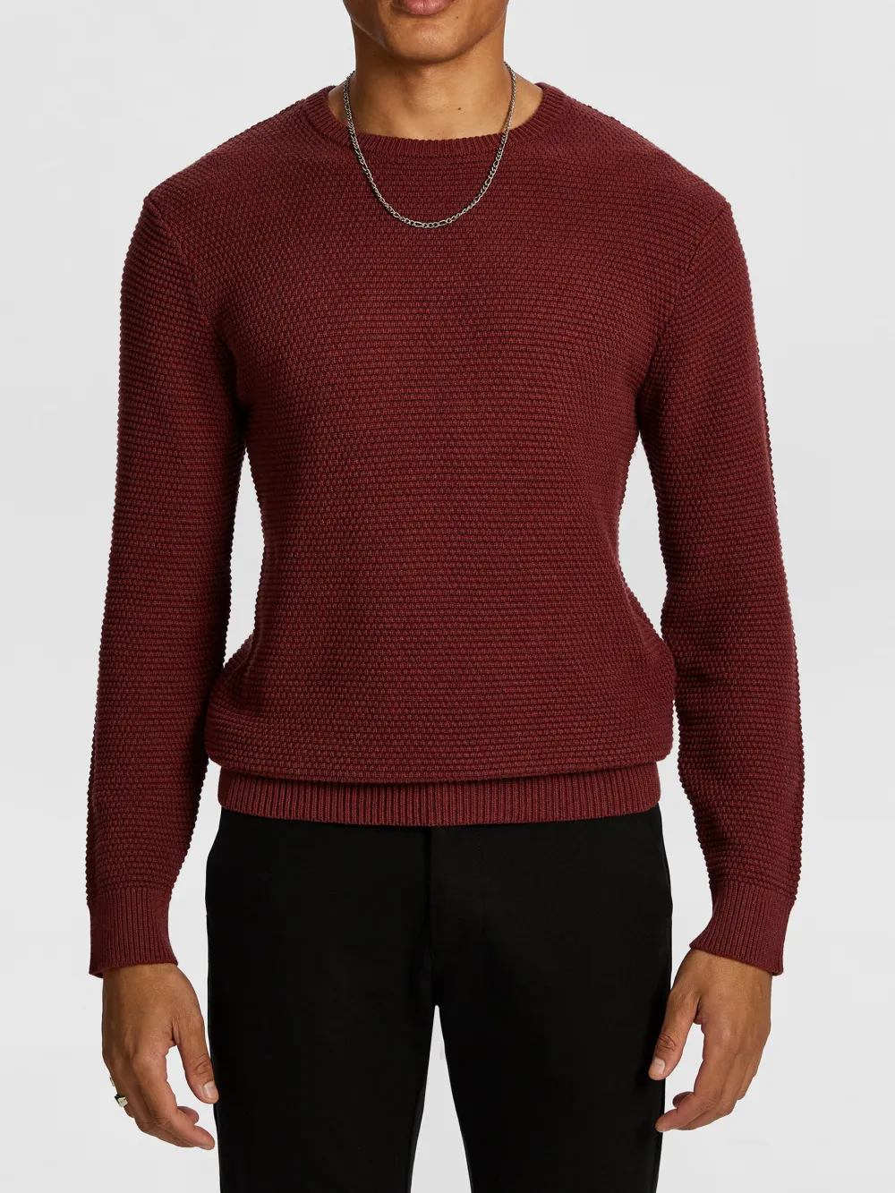 Burgundy Ribbed Crew Neck Knit Sweater