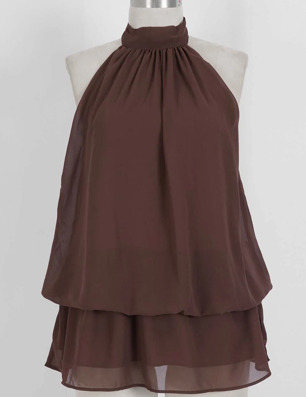 Chiffon Stand Neck Solid Color Ruffle Hem Sleeveless Top