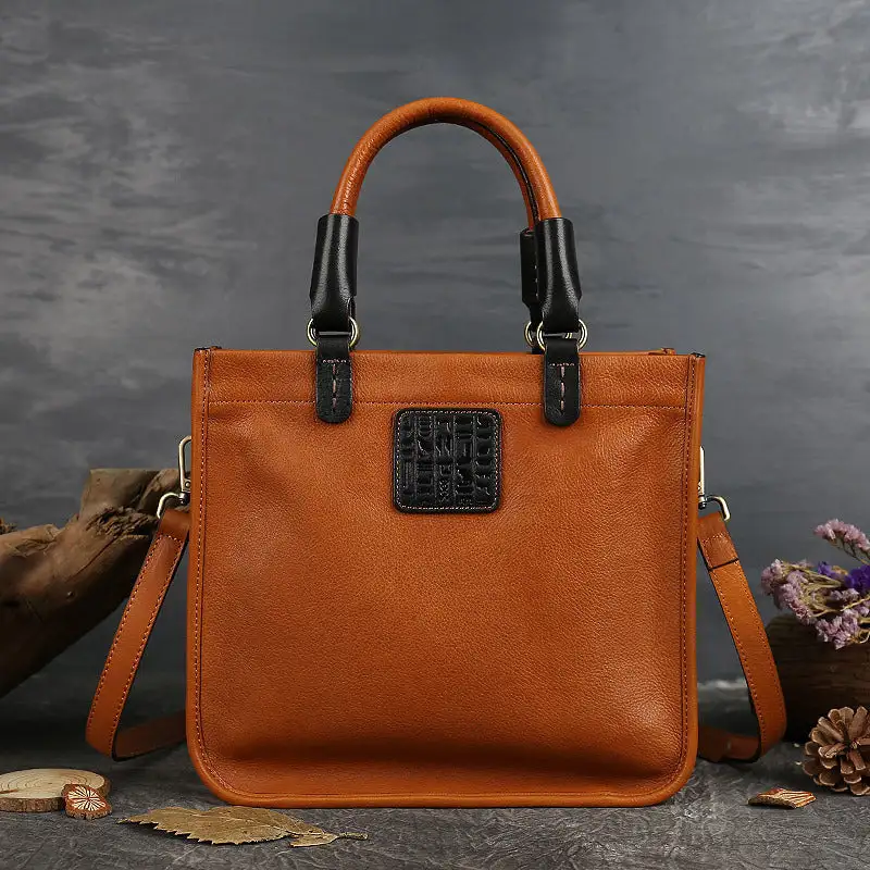 Genuine Cowhide Leather Messenger Bag Vertical Square