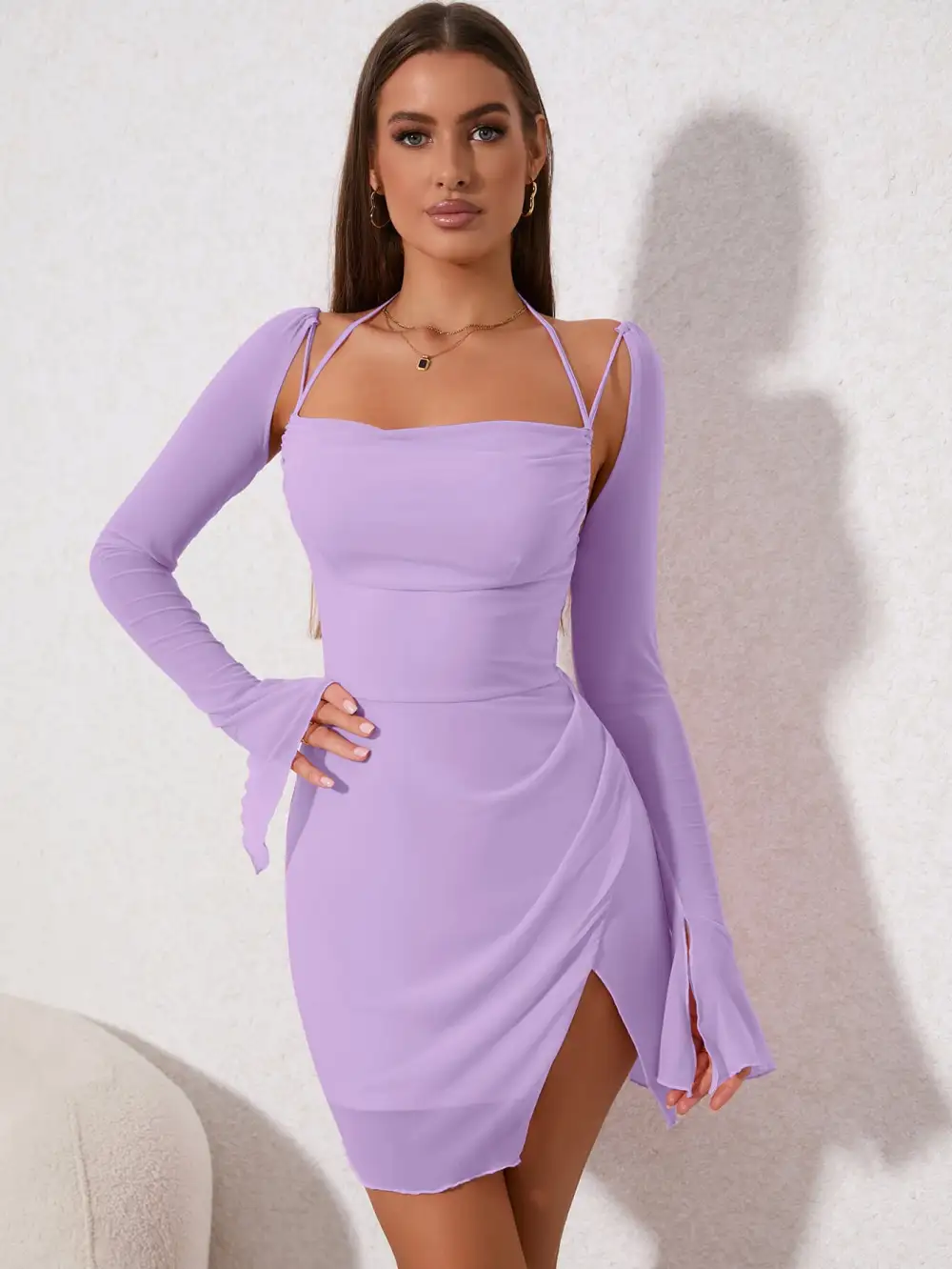 Draped Front Flounce Sleeve Ruched Side Split Hem Mesh Dress