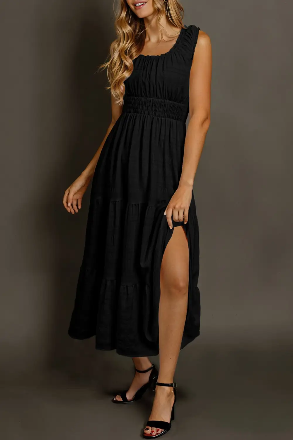 Sleeveless Square Neck Shirred Pleated Midi Dress