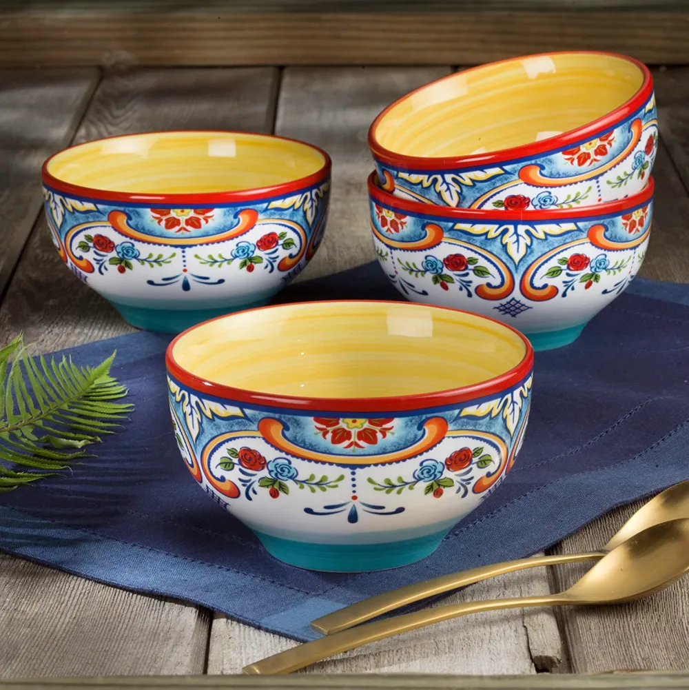 Euro Ceramica Zanzibar Double Bowl 16-Piece Dinnerware Set | Fine Kitchenware | Floral Multicolor Design Stoneware Tableware Service For 4