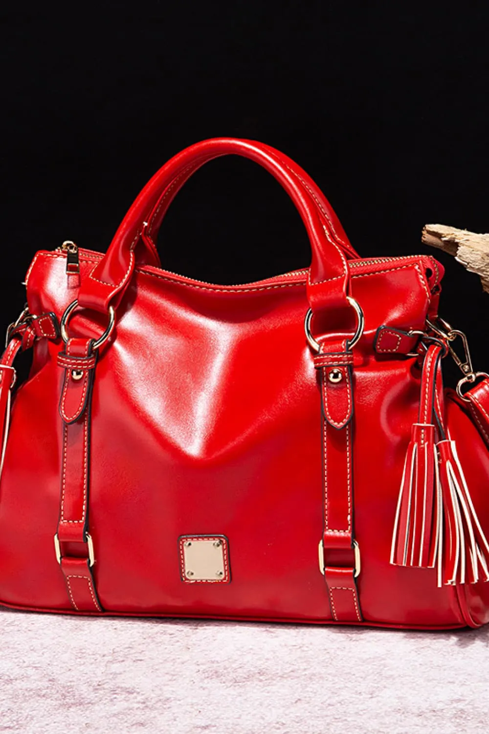 Tassel Accent Faux Leather Handbag