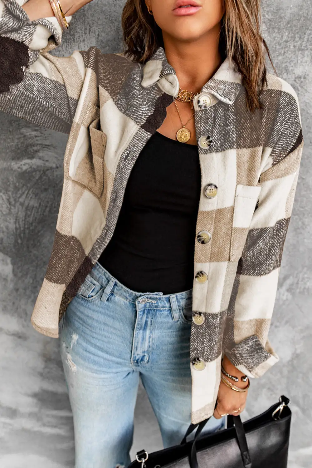 Everyday Plaid Pocket Button Front Jacket