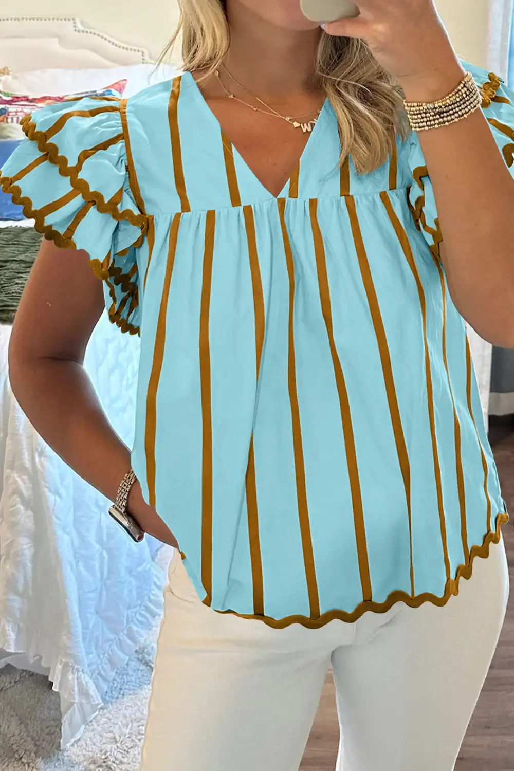 Sky Blue Stripe Ricrac Trim Double Ruffled Short Sleeve V Neck Blouse