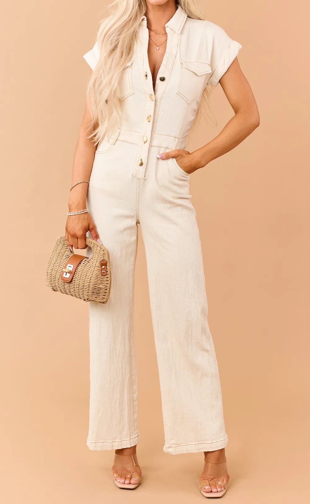 Almond Button Down Short Sleeve Denim