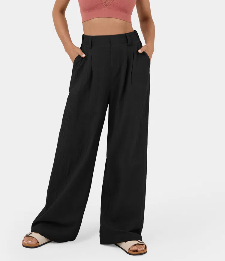 High Waisted Plicated Side Pocket Wide Leg Flowy Solid Palazzo Casual Pants