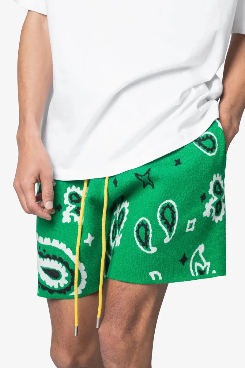 GREEN PAISLEY PRINTED KNIT SHORTS