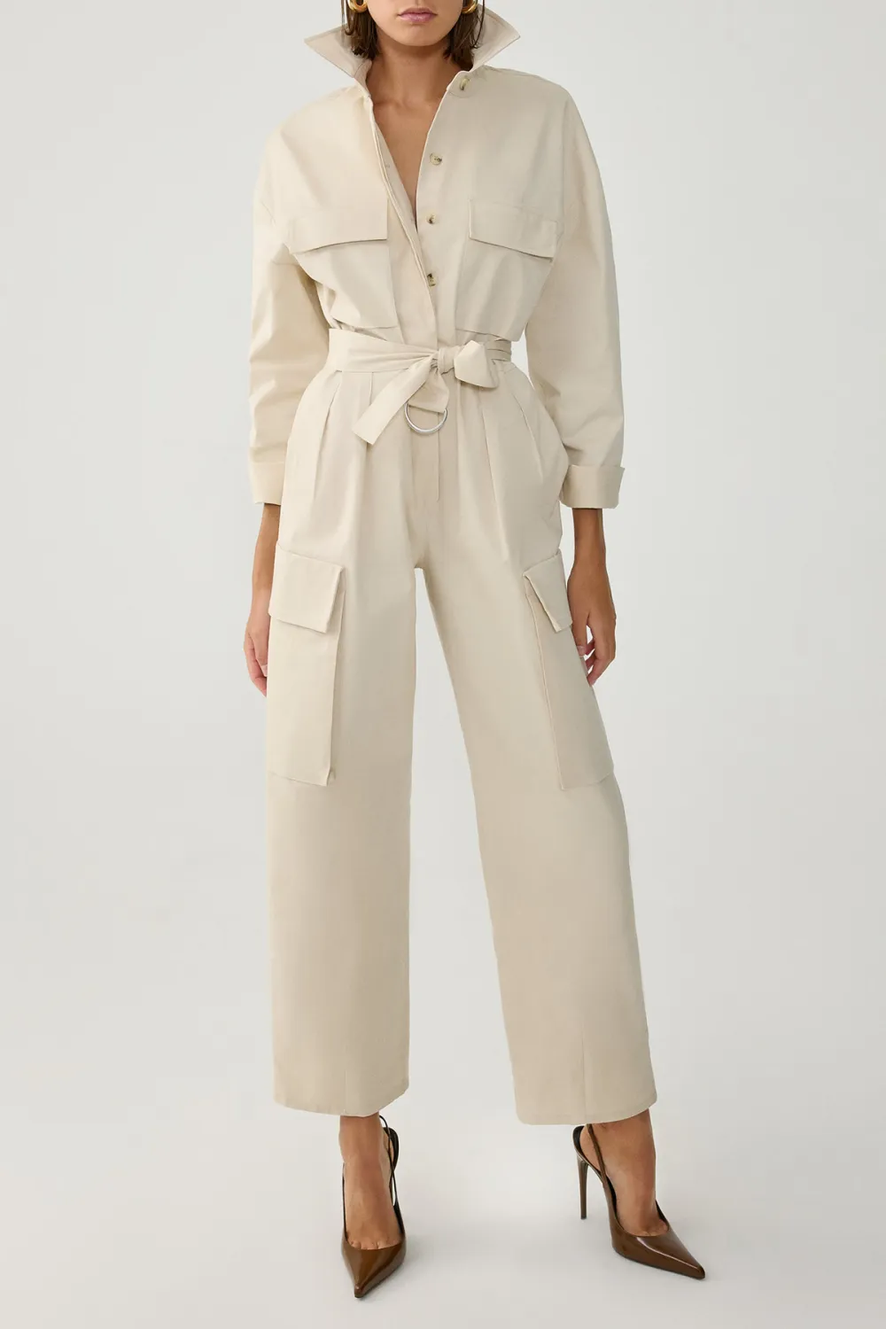 Long Sleeve Jumpsuit-Beige