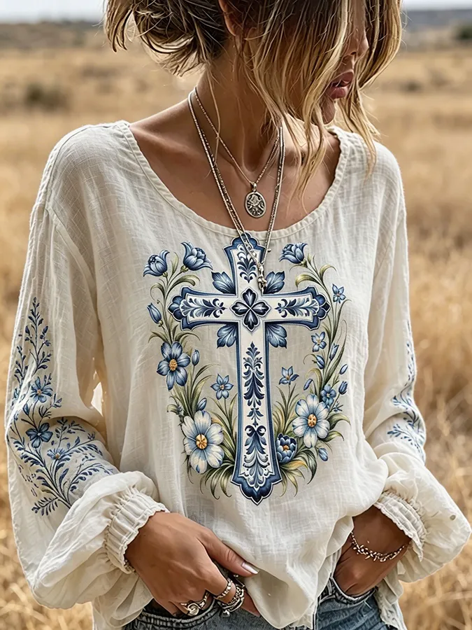 Women's  Floral Cross Print Western Long Sleeve Blouse