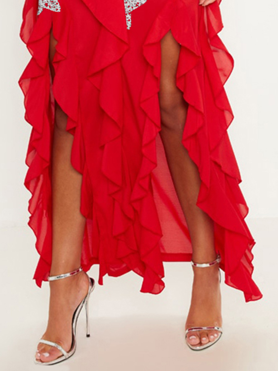 Red Cold Shoulder Ruffle Detail Maxi Dress