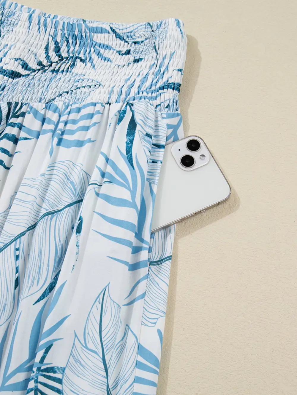 Tropical Print Shirred Waistband Wide Leg Pants
