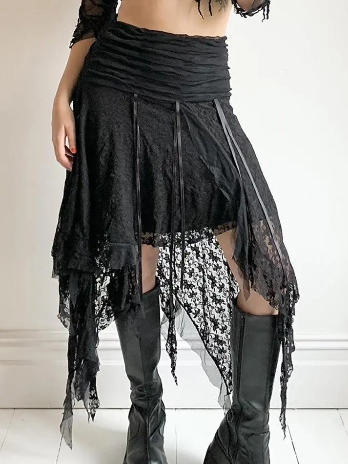 Wavy Lace Asymmetric Hem Skirt