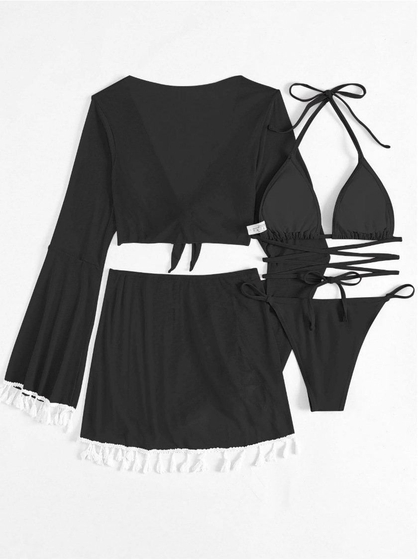 Four-Piece Set Solid Color Tassel Blouse Mesh Skirt Bikini Wholesale Swimsuit For Women