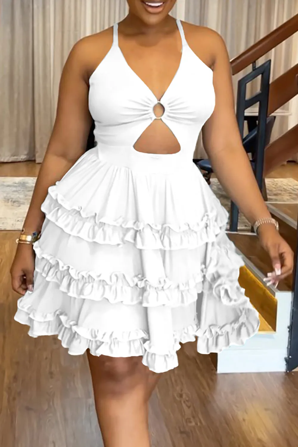 Plus Size Black Vacation Cut Out Sleeveless Ruffle Babydoll Mini Dresses