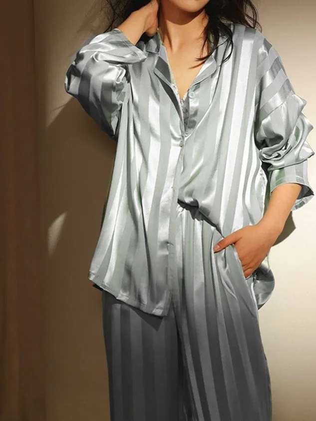 Regular Sleeve Loose Satin Simple Plaid Pajama Set