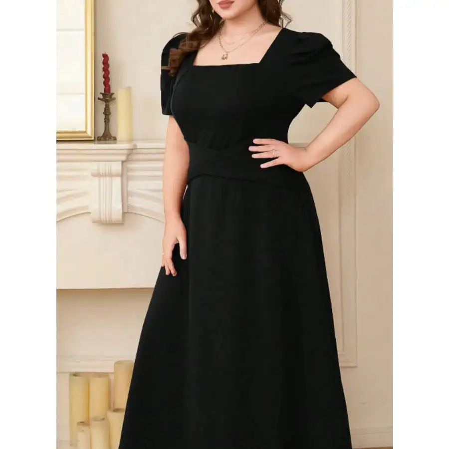 Plus Size Square Neck Puff Sleeve Midi Dress