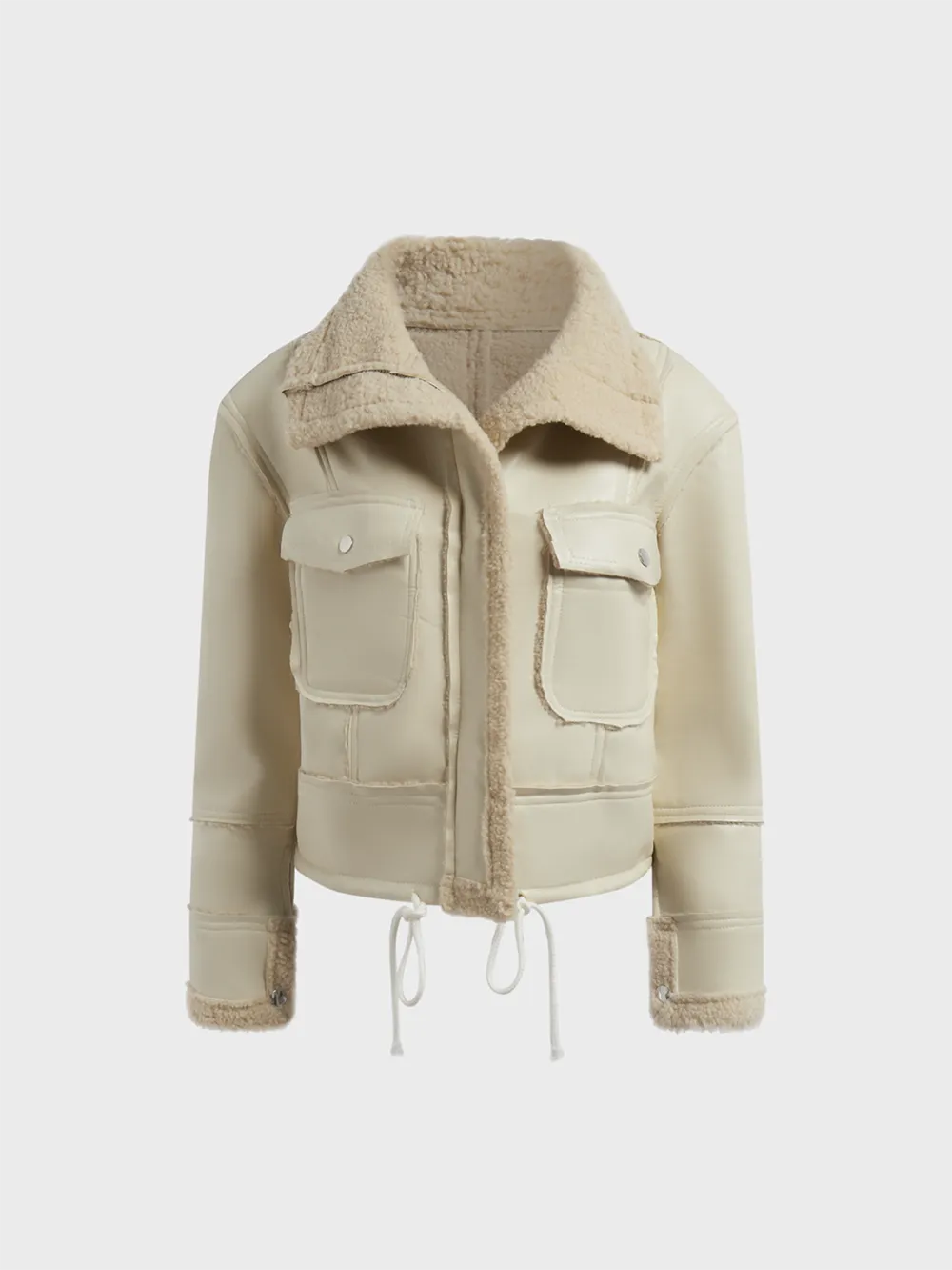 Pu Plain Pocket Shawl Collar Biker Jacket
