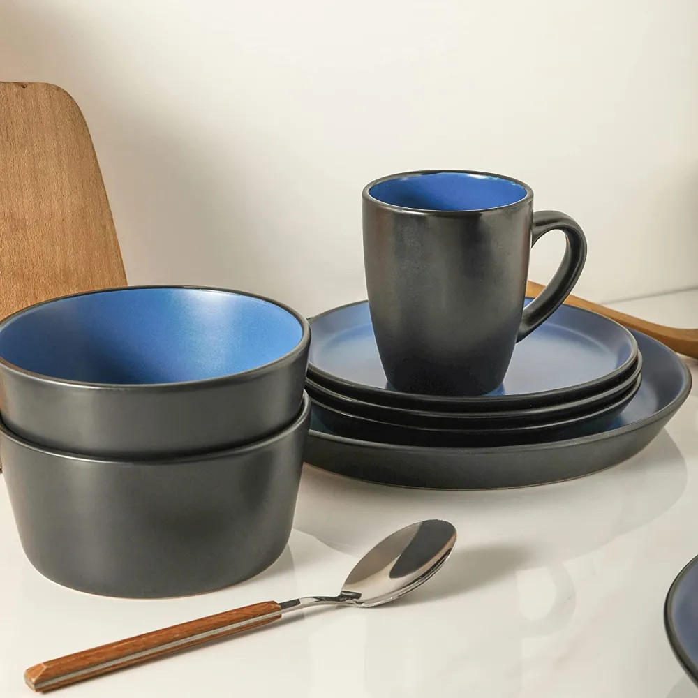 Stone Lain 32 Piece Glazed Stoneware Dinnerware Set, Service 8, Blue and Black