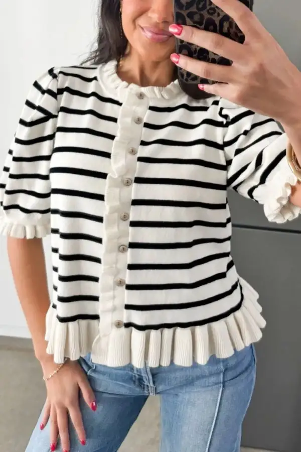 Stripe Ruffle Trim Button Down Knit Short Sleeve Sweater Cardigan