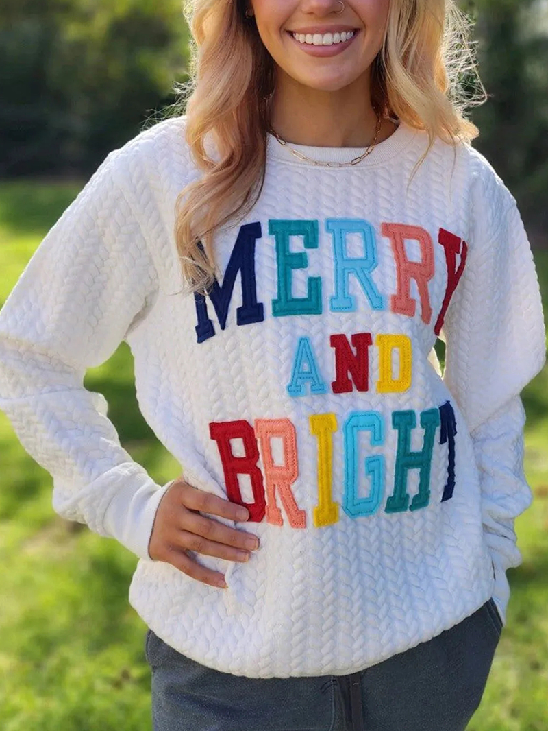 White Merry And Bright Cable Knit Pullover Sweatshirt