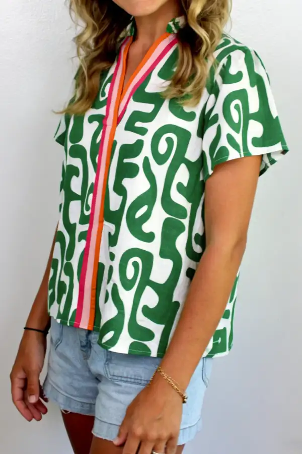 Green Abstract Print Striped Trim V Neck Short Sleeve Blouse
