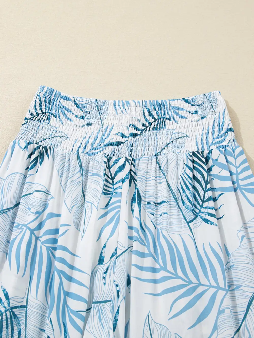 Tropical Print Shirred Waistband Wide Leg Pants