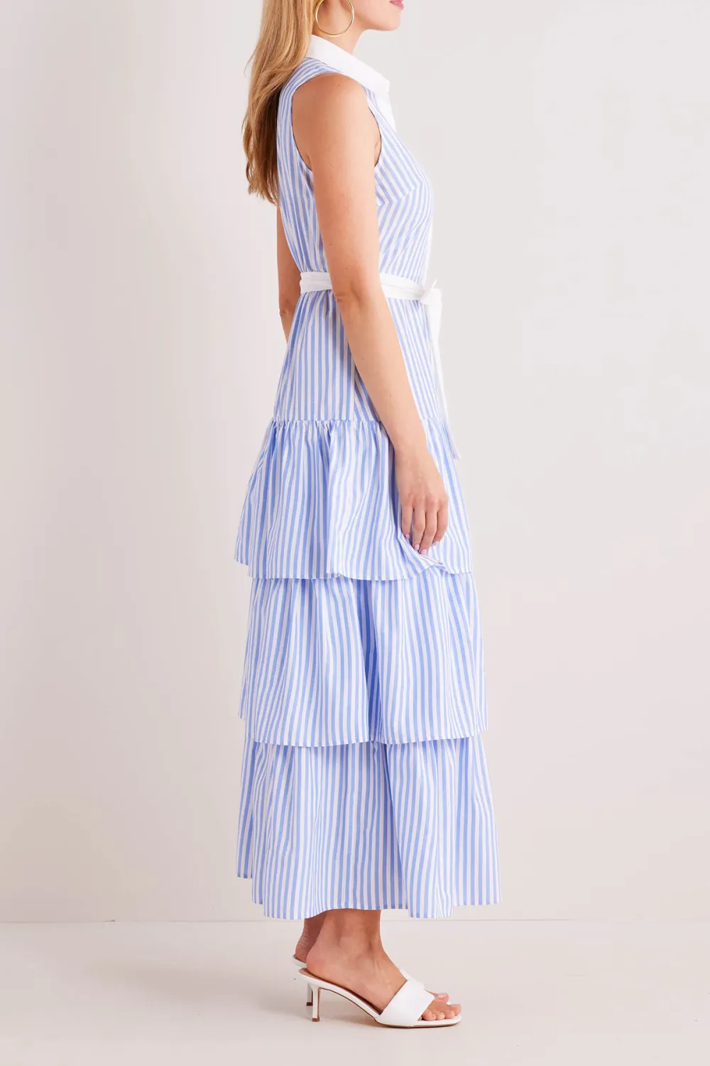 Blue & White Striped Tie-Waist Tiered Dress