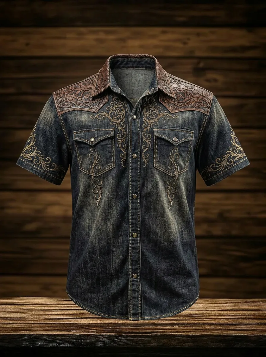 Men's Western Cowboy Floral Embroidered Denim Printed Shirt