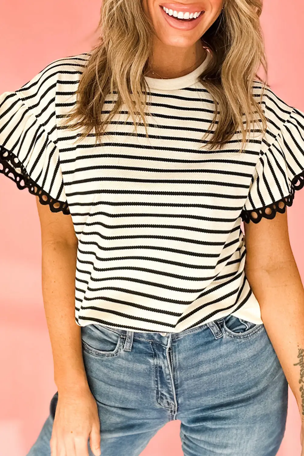 Lace Detail Ruffle Sleeve Everyday Top