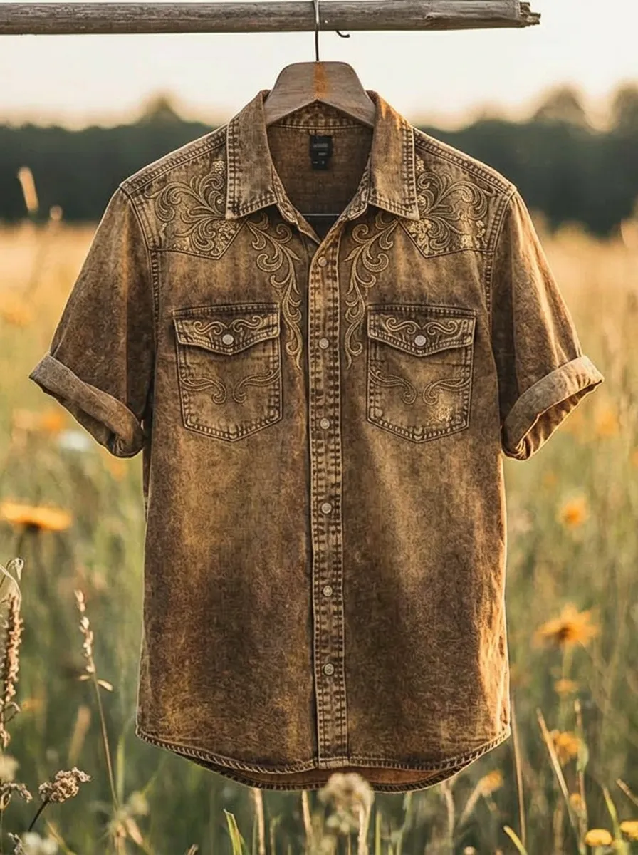 Men's Western Cowboy Floral Embroidery Acid Wash Printed Shirt
