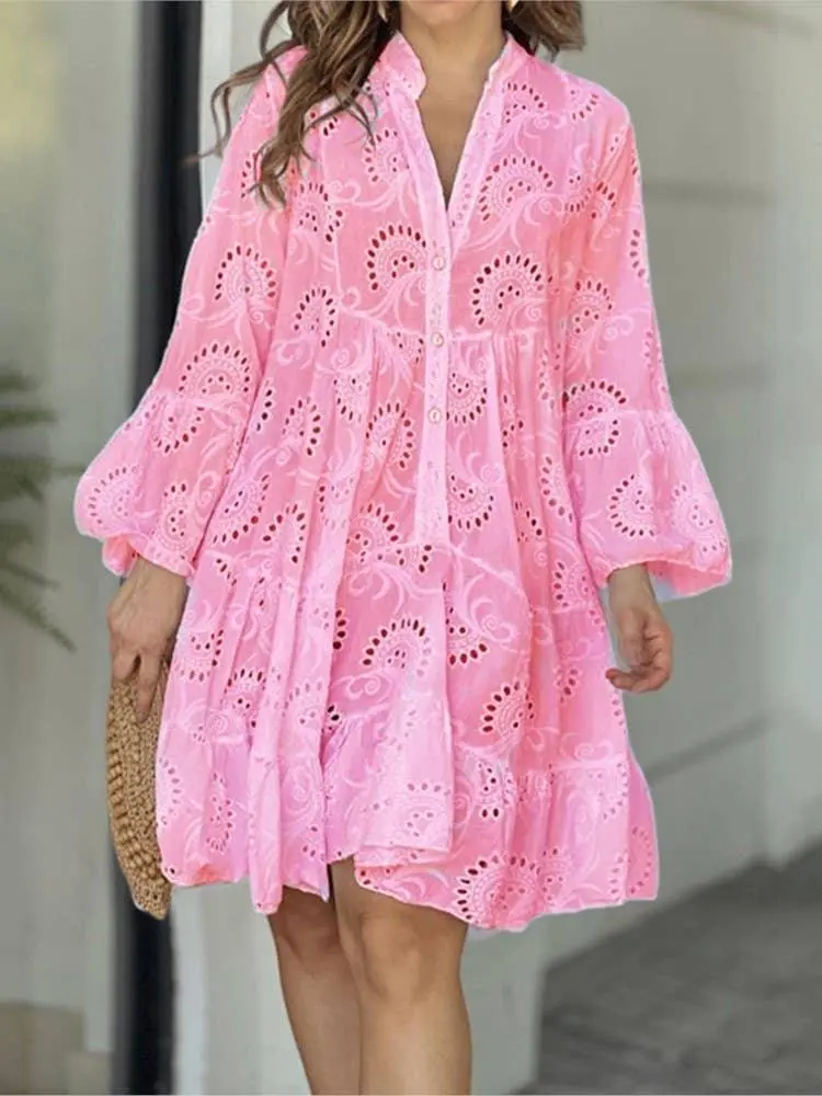 Eyelet Long Sleeve Short Daily Dress
