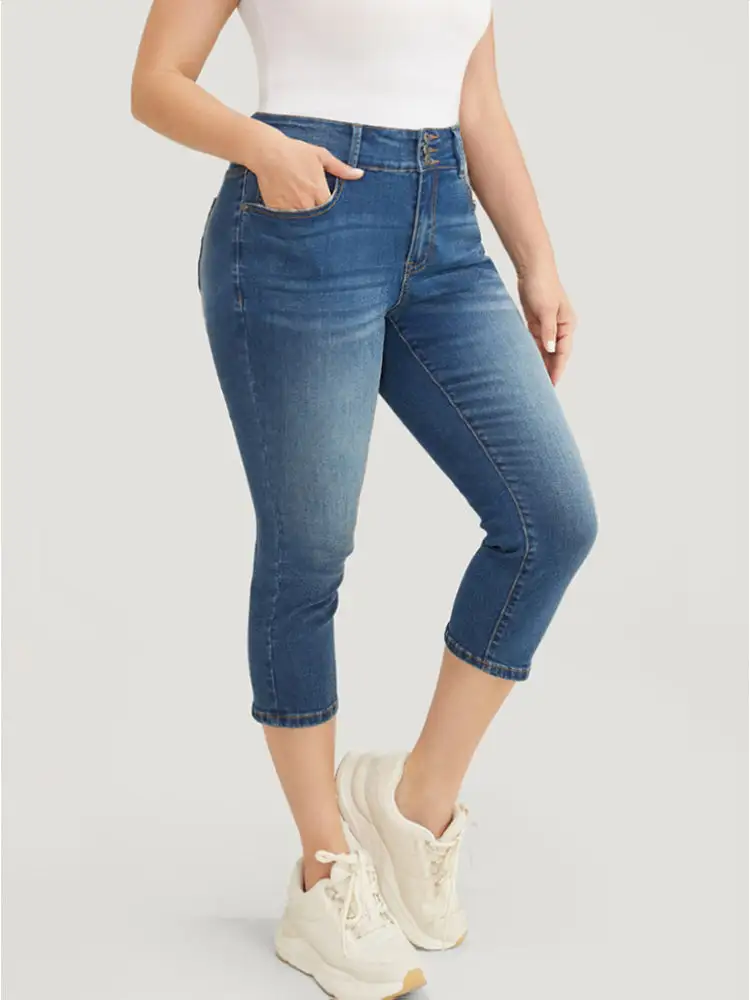 Very Stretchy High Rise Medium Wash Cropped Jeans