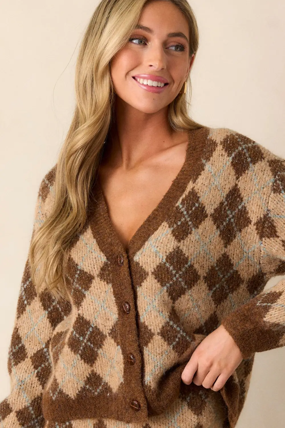 Radiant Moon Brown Argyle Knit Cardigan