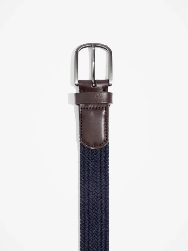 Navy Woven Belt with Leather Accents