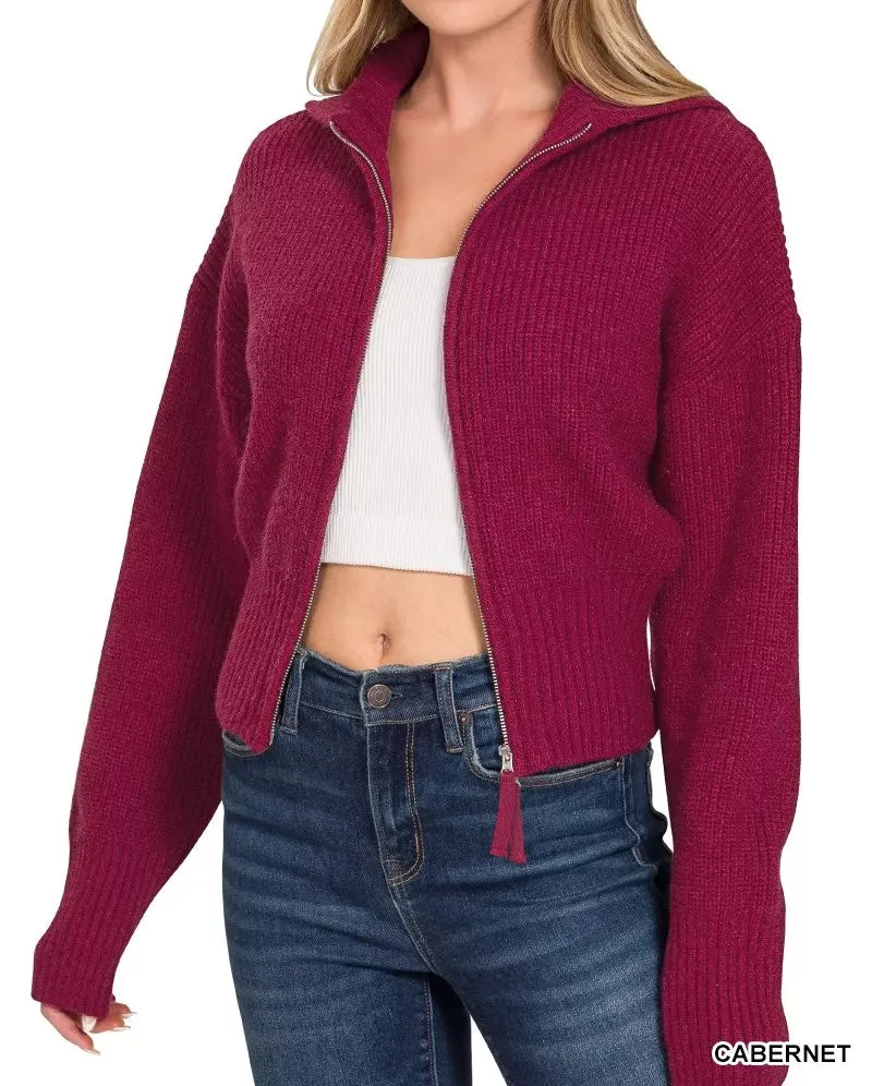 Ribbed Collared Zip-Up Sweater Cardigan