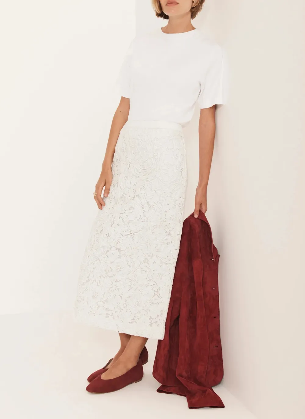Casual Style Cream Lace Pencil Skirt